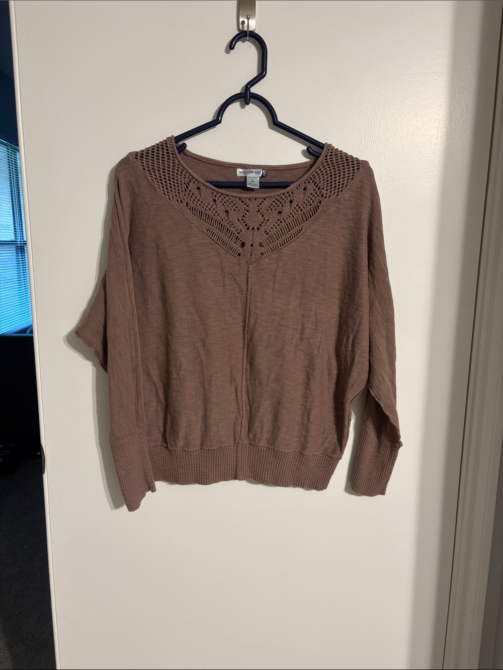 Crochet Yoke Scoop Neck Sweater - Brown